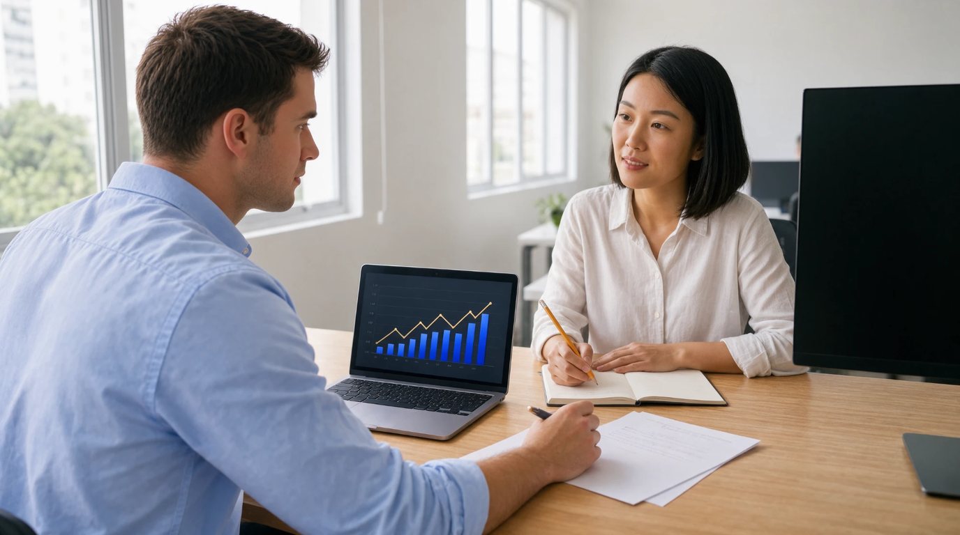 Duas pessoas em uma mesa de trabalho administrativo