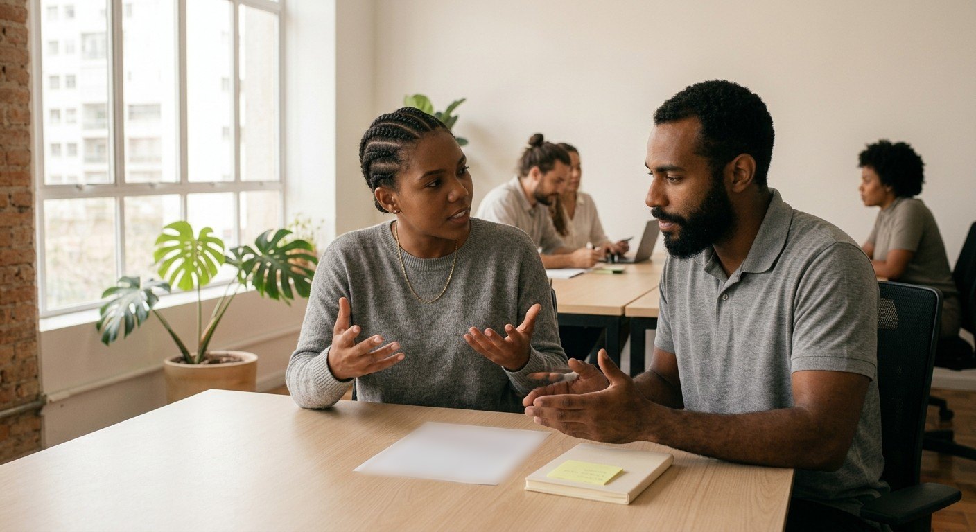 Duas pessoas conversando sobre os requisitos de uma vaga