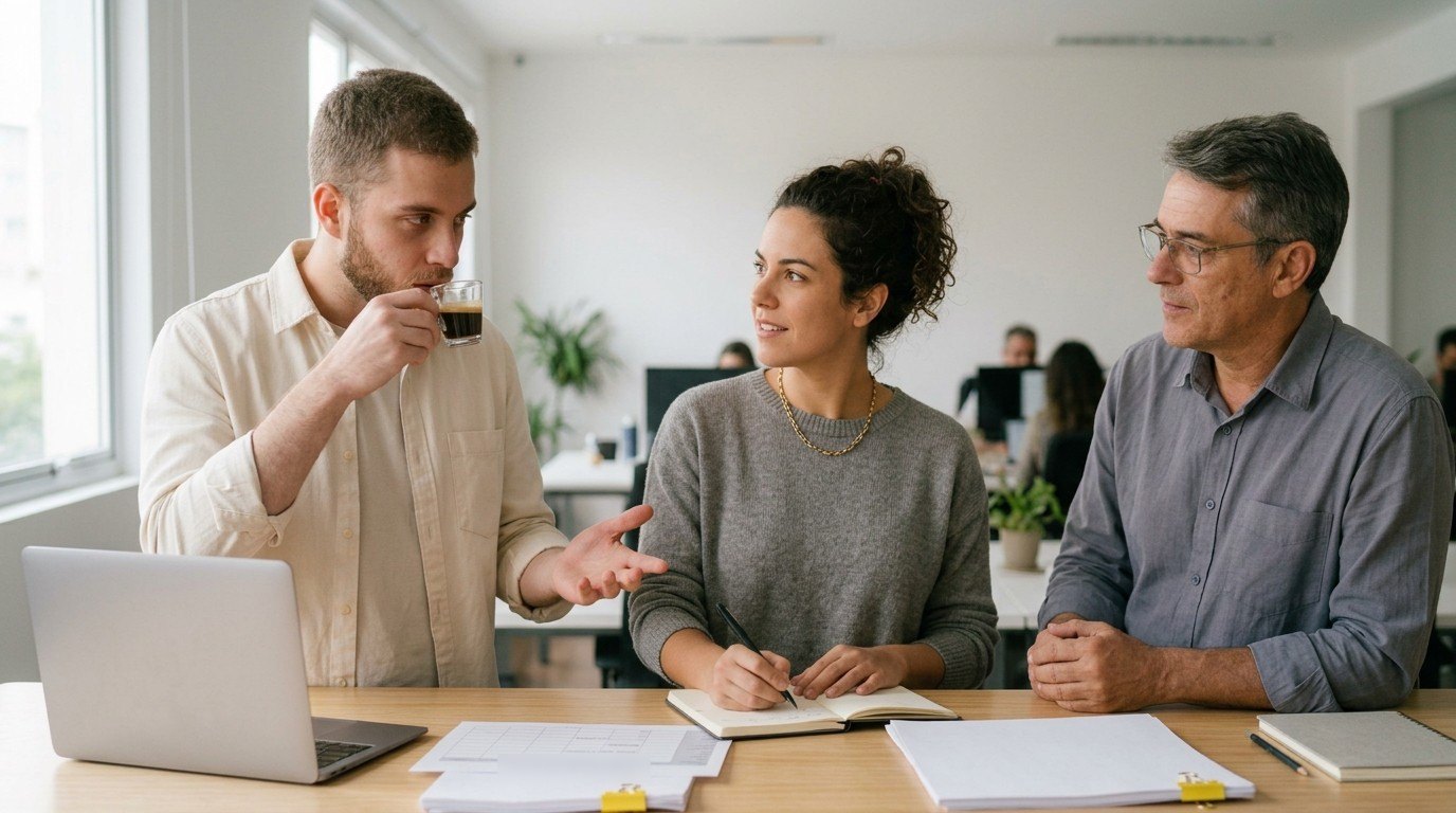 Três profissionais de uma equipe comercial conversando em torno de uma mesa alta em um escritório claro