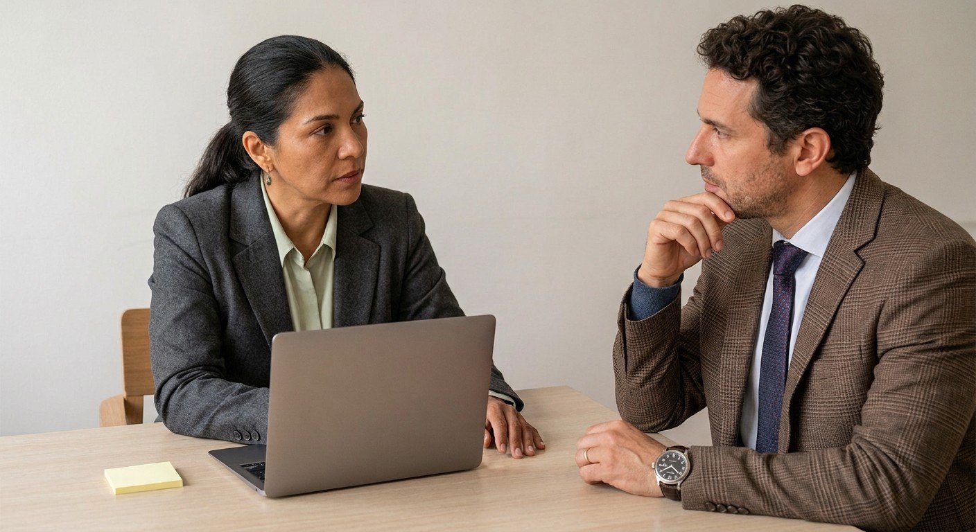 Uma líder e uma consultora conversando em uma sala de reunião discreta
