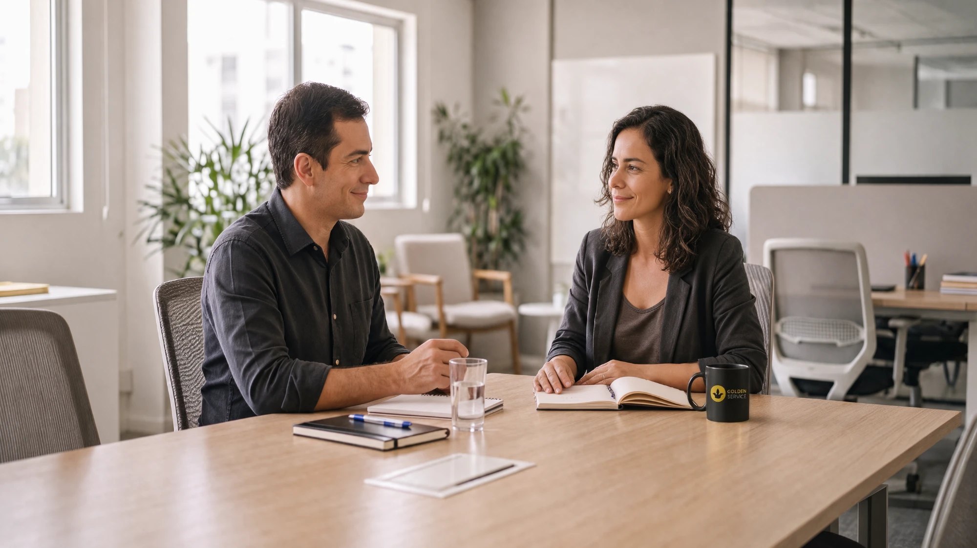 Duas pessoas conversando sobre contratação em um escritório