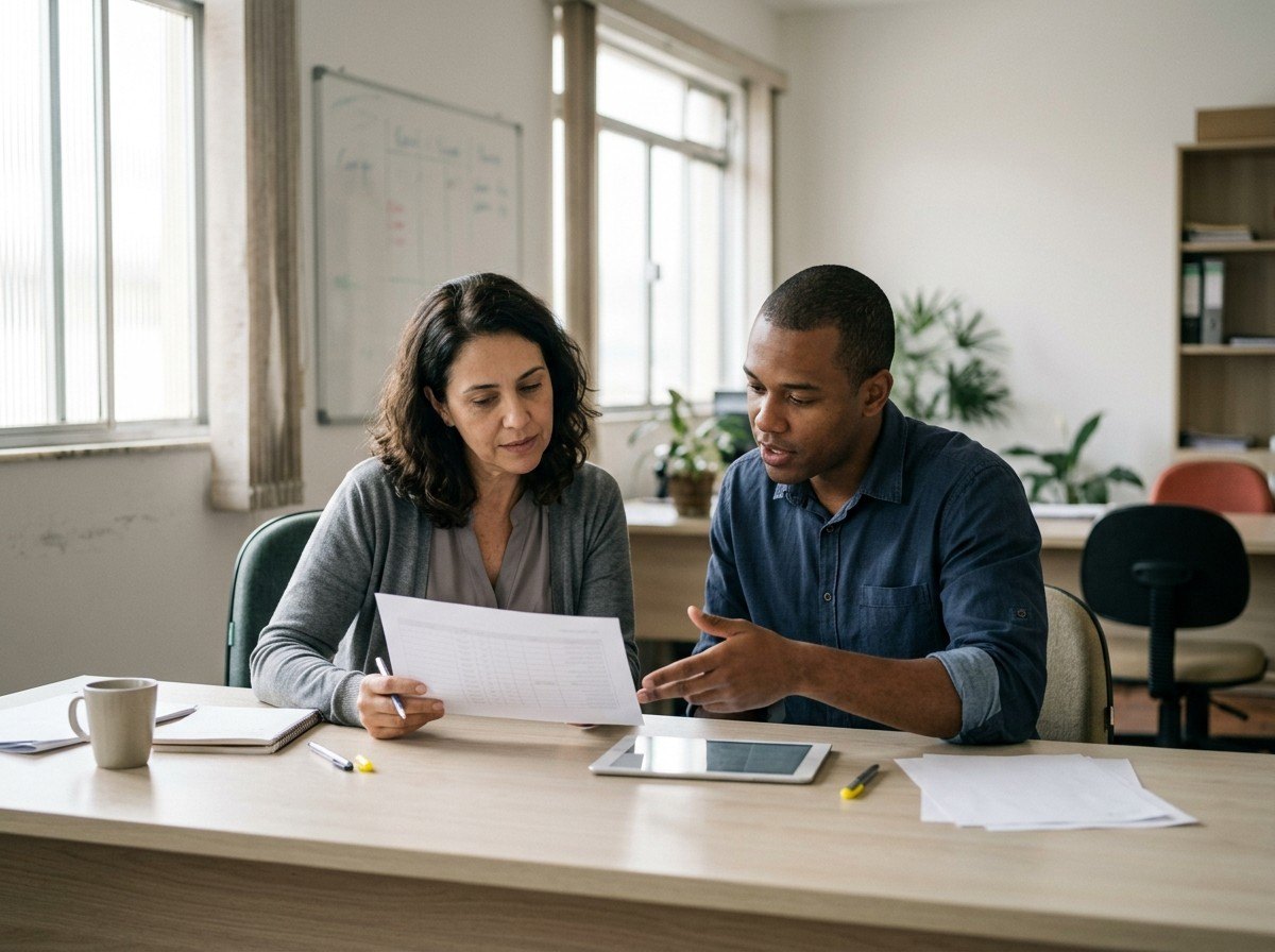Duas pessoas revisando uma lista em uma mesa de trabalho