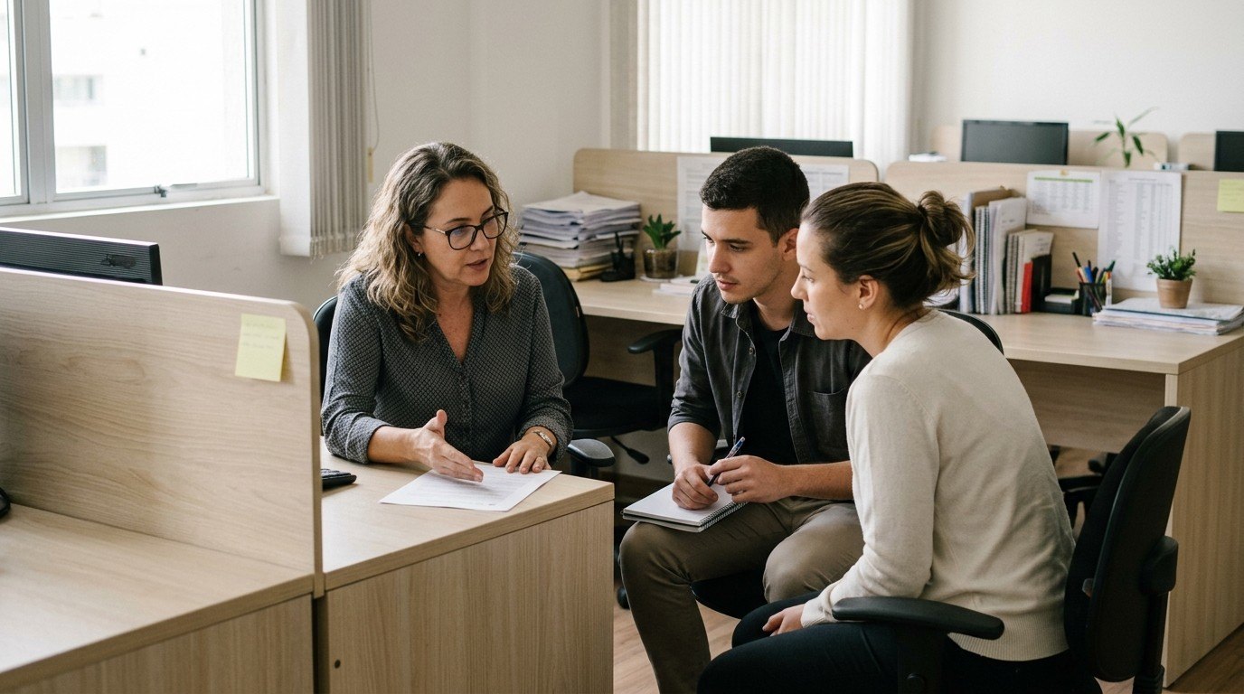 Supervisora explicando uma tarefa a dois colegas
